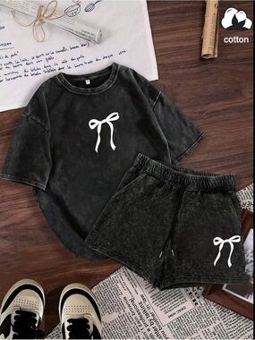 Mineral Wash Women's Black Cotton Shorts Set with Bow Accent NWOT